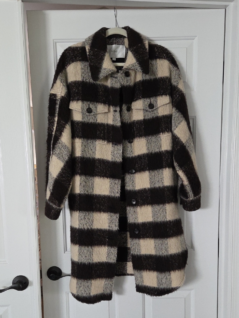 A.L.C. Black & Cream Plaid Long Wool-Blend Shacket